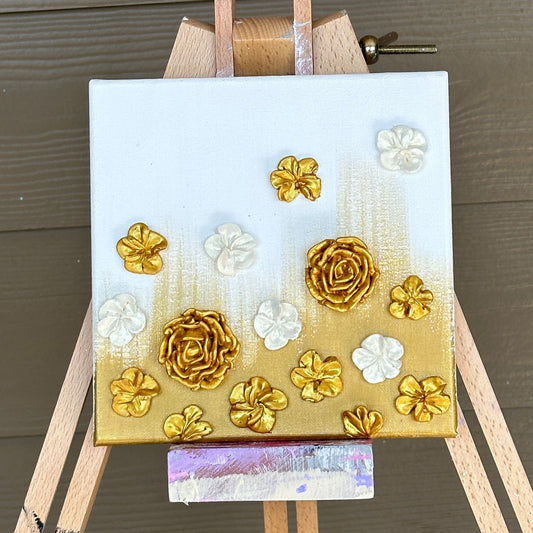 3D Gold and White Flowers on Gold and White background 8"x8"